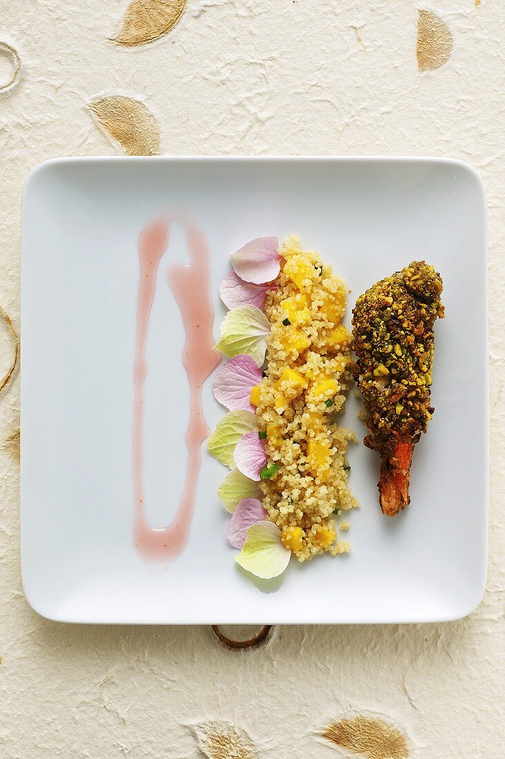 Peach couscous with shrimp-pistachio tempura