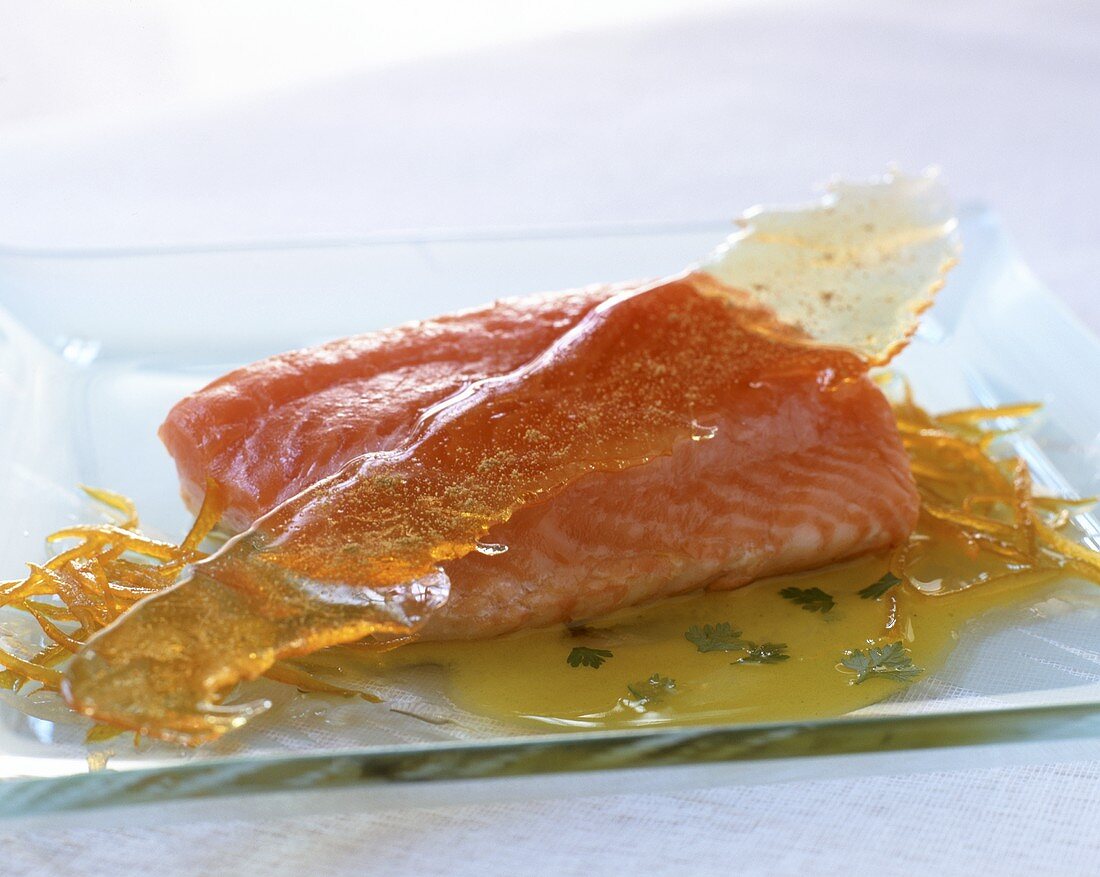 Salmon fillet with a caramel leaf