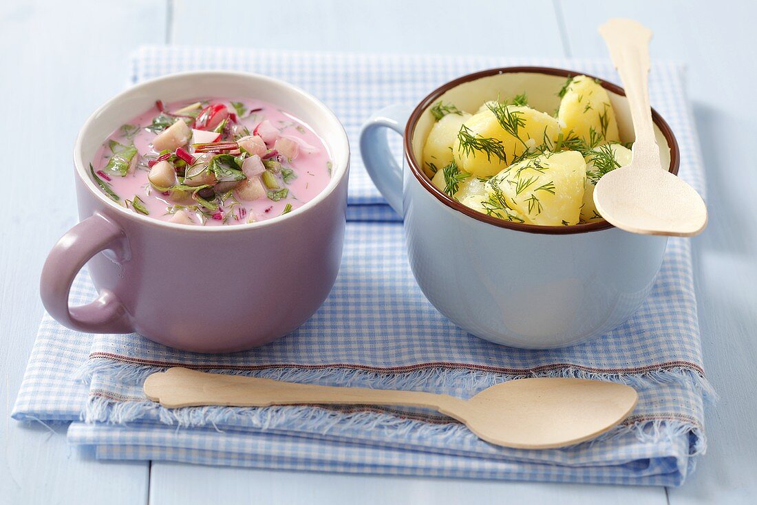 Cold red beet soup with radishes and herbs, boiled potatoes with dill
