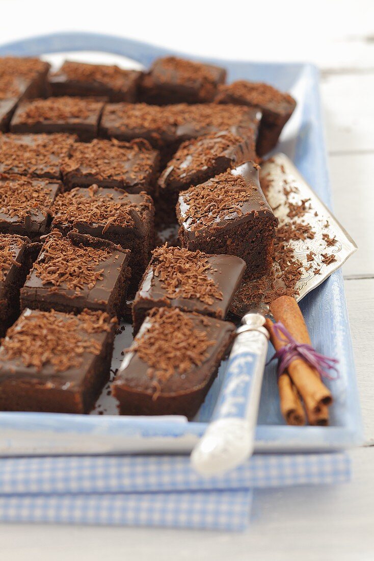 Chocolate cake, sliced into squares