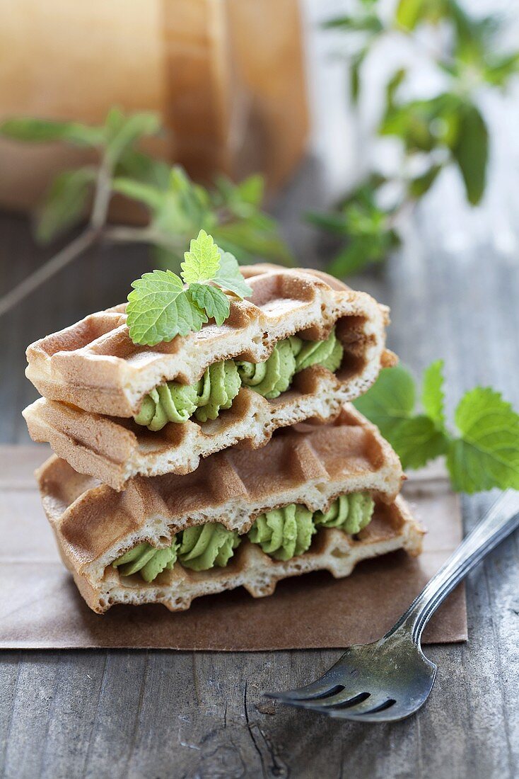 Waffles filled with apple matcha cream