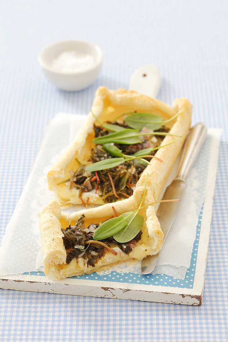 Puff pastry tart with camembert and sorrel