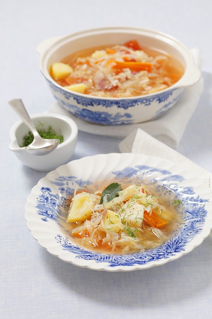 White cabbage soup with potatoes and pancetta
