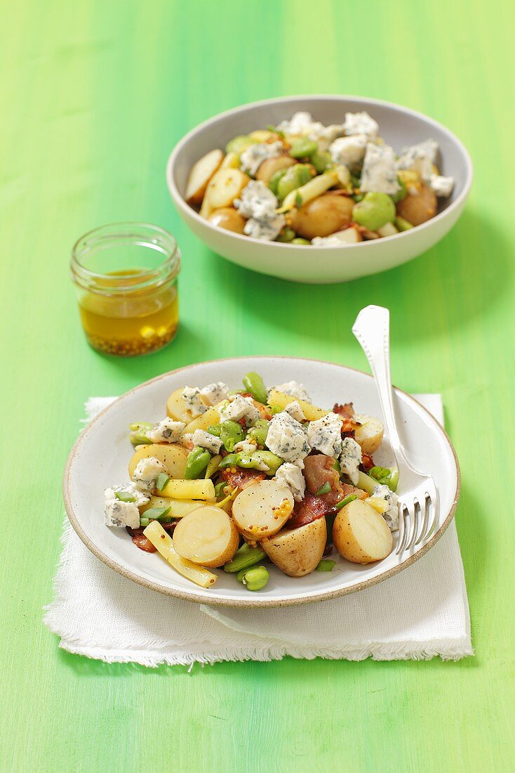 Potato salad with broad beans, pancetta and blue cheese
