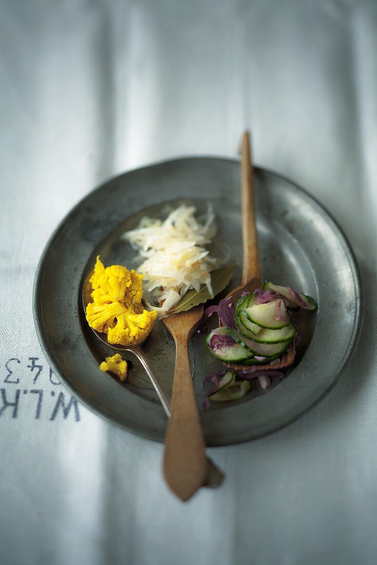 Pickled white cabbage, cucumber relish and cauliflower pickles