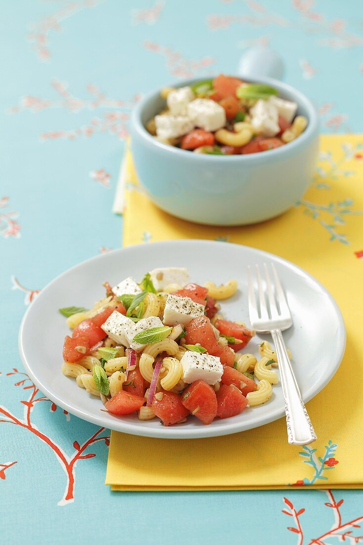 Pasta salad with watermelon and feta