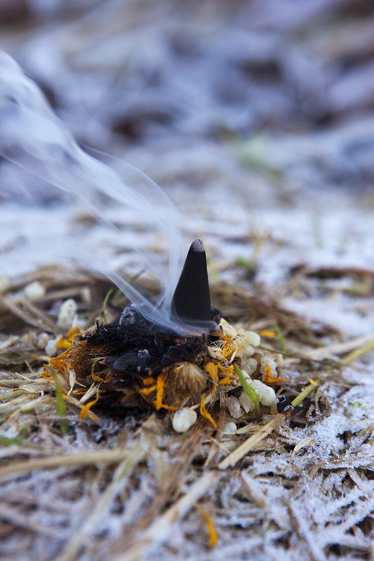 Incense being burnt outside in the the winter; a scented ylang ylang cone, frankincense and marigold