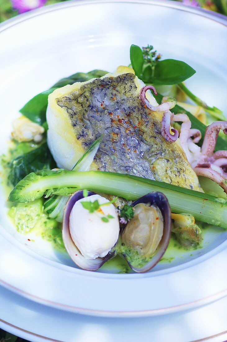 Hake with seafood and vegetables