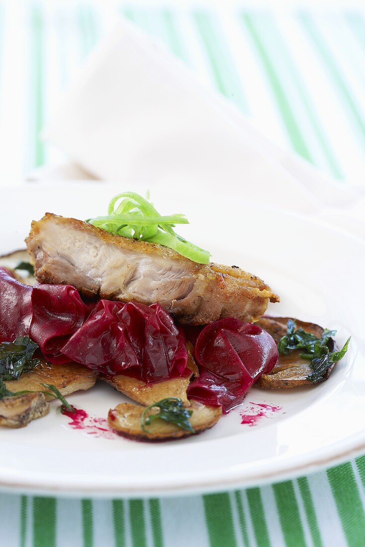 Chicken escalope on porcini mushrooms and beetroot salad