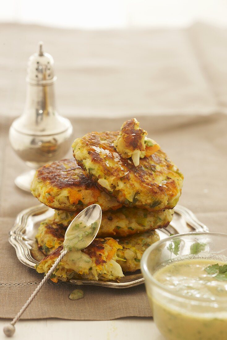Vegetables cakes with a dip
