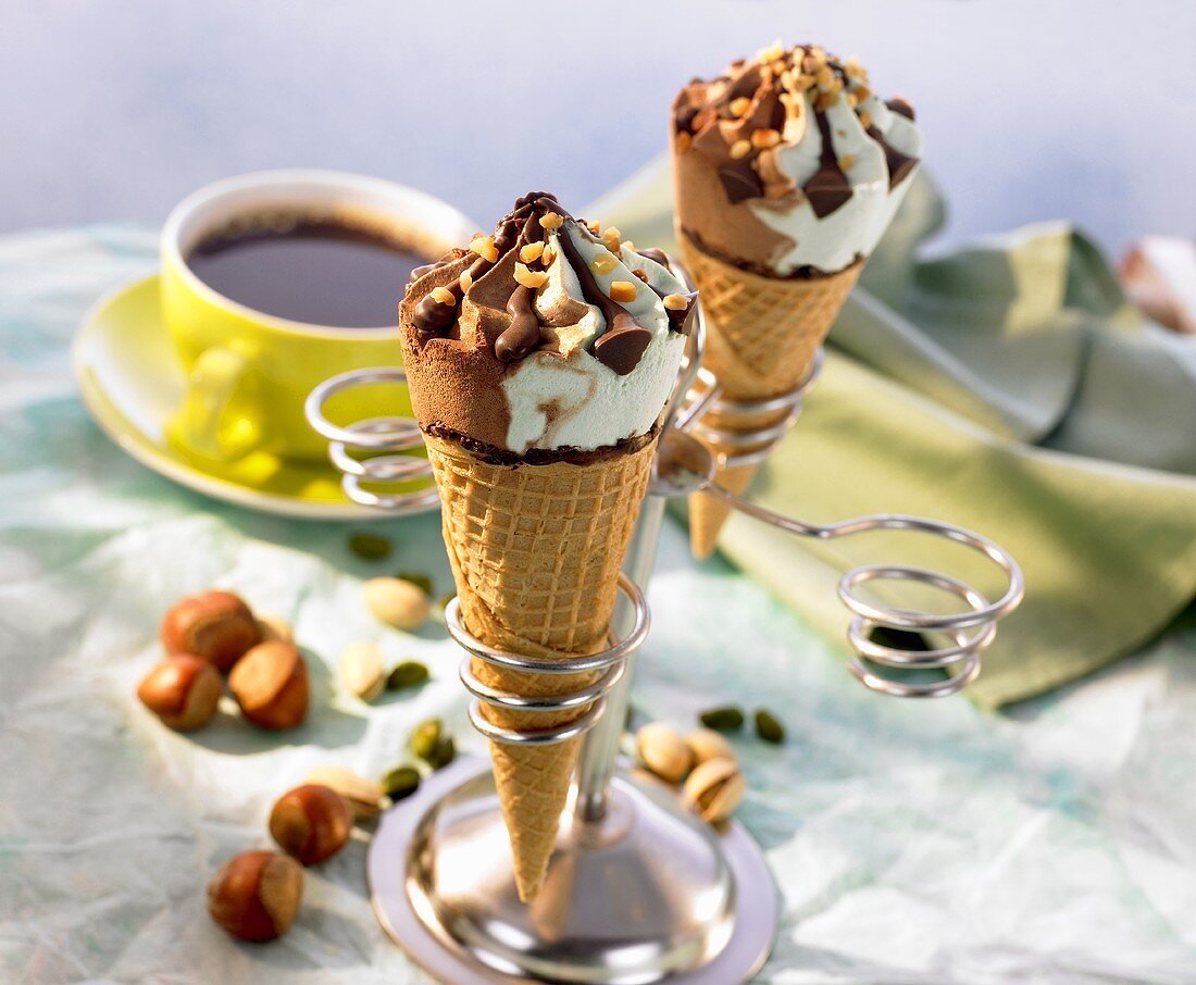 Chocolate and pistachio ice cream cones