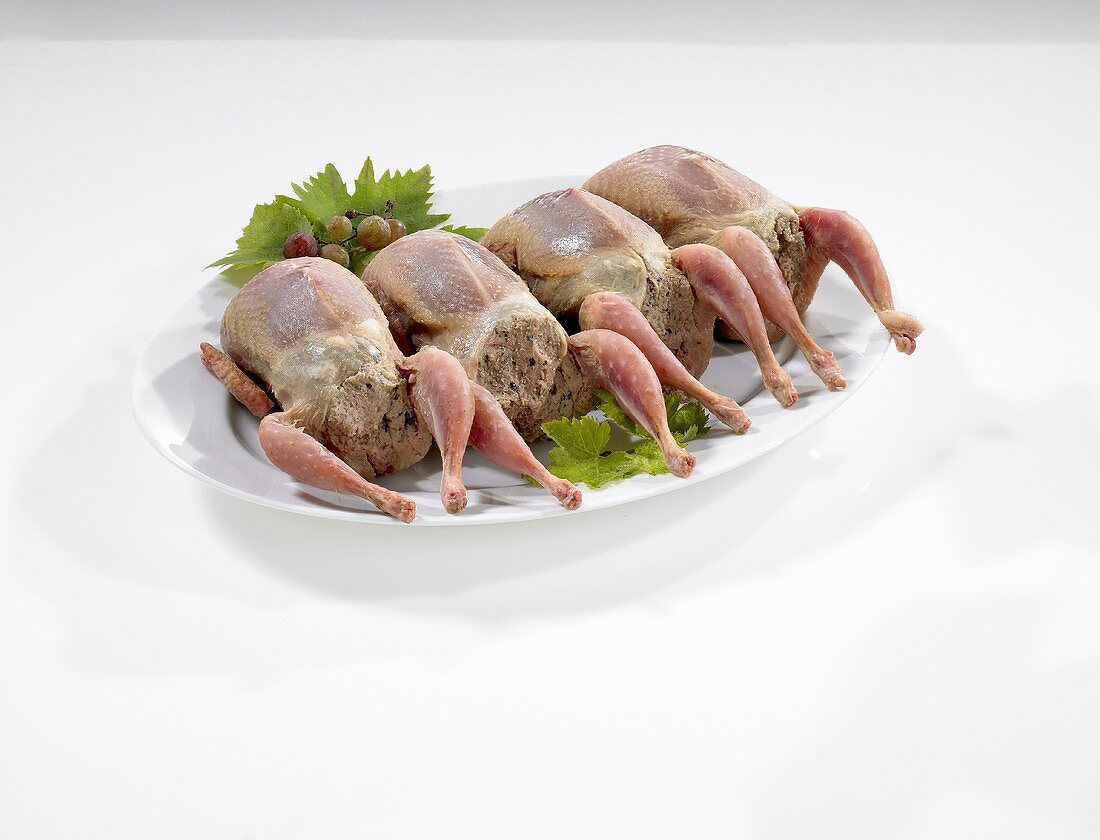 Four French quails on a platter against a white background