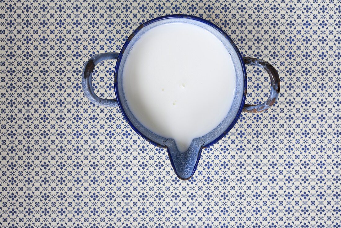 An enamel pot of milk (seen from above)