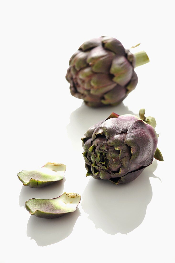 Two artichokes with torn-off leaves