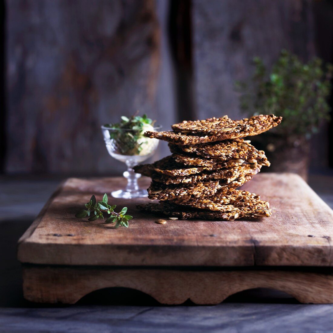 Home made whole grain crackers, stacked
