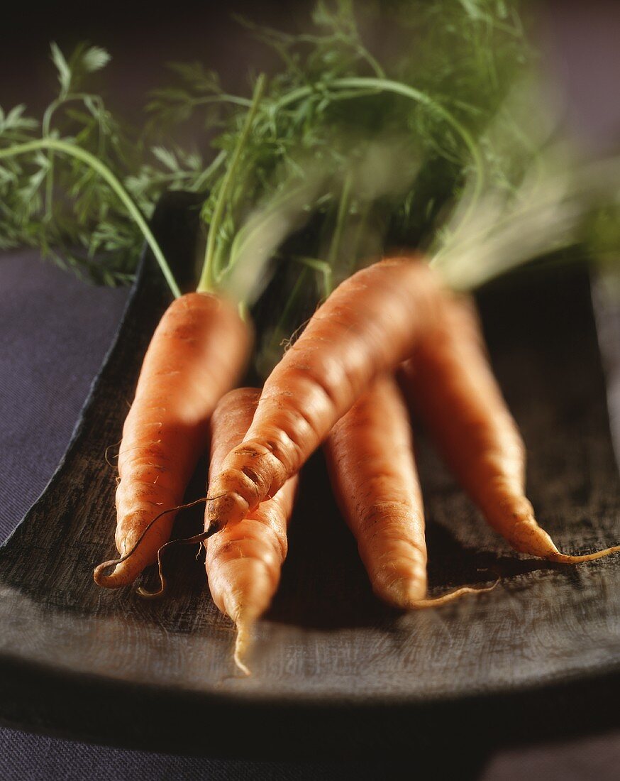 Five carrots in a wooden bowl