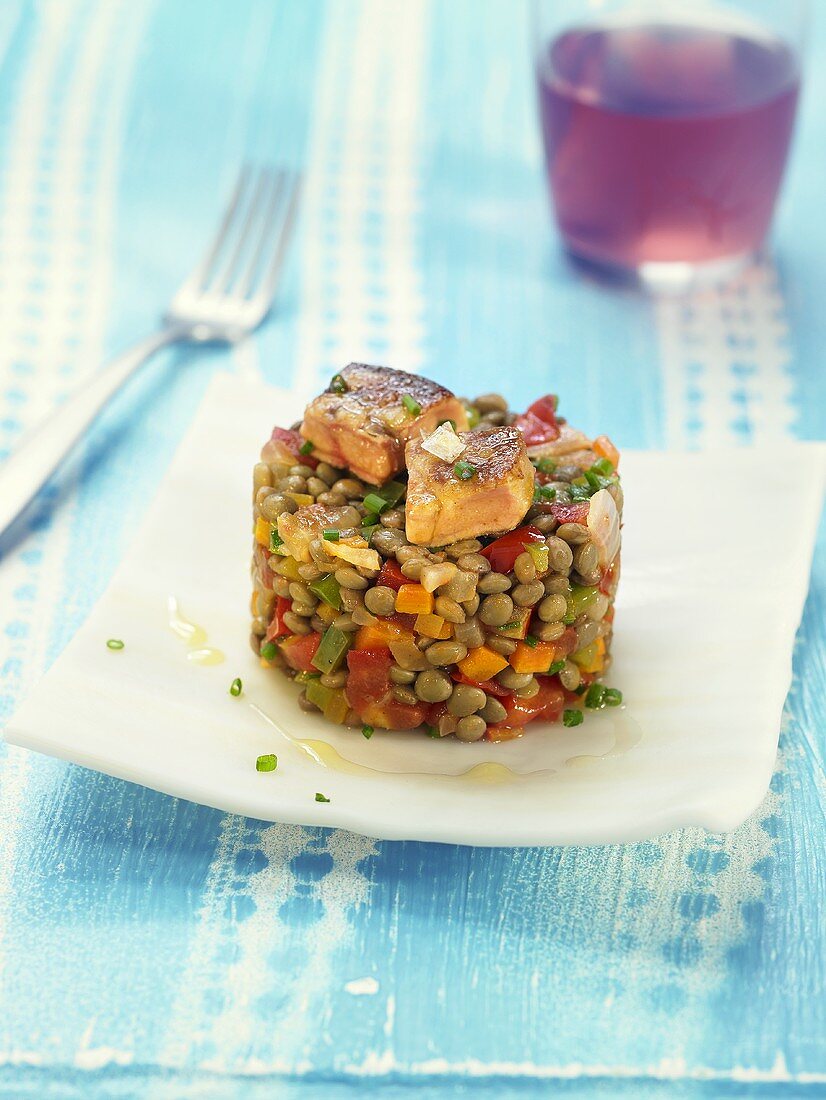 Vegetable timbale with lentils and goose liver