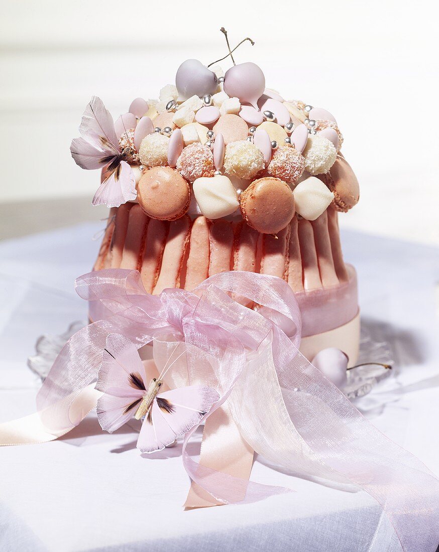 A wedding cake with a bow