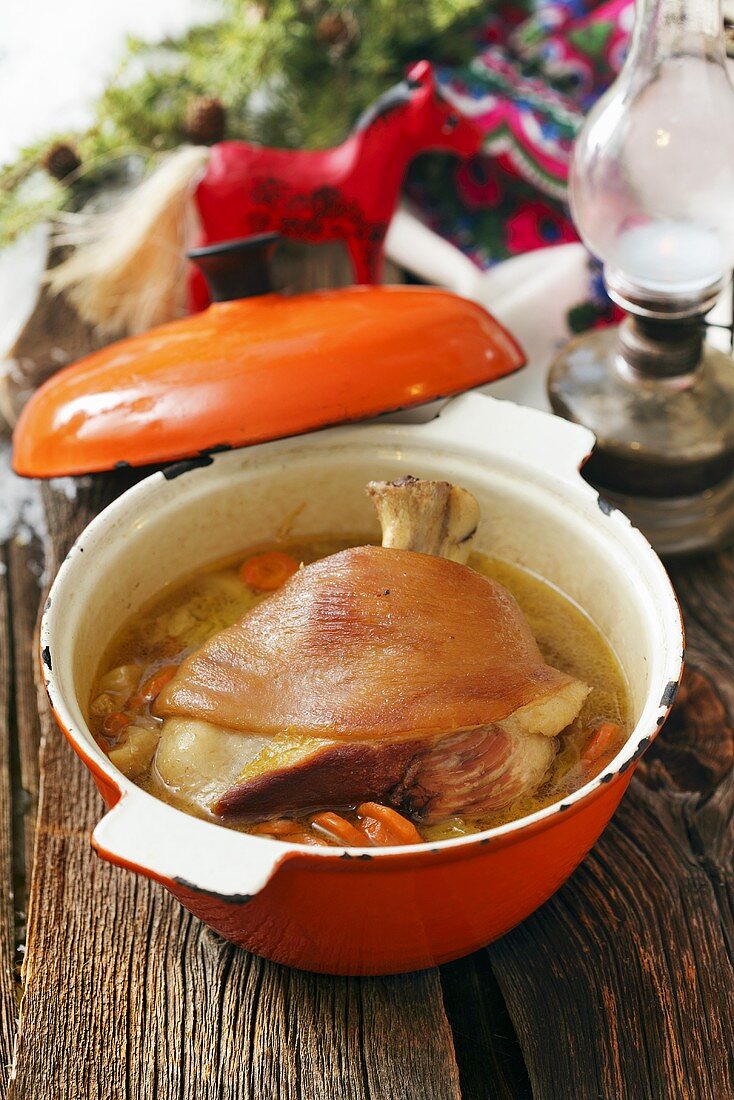 Pork knuckle in a soup pot (Beskiden, Poland)