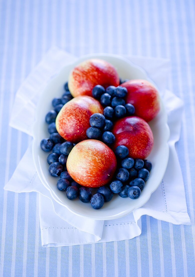 A bowl of nectarines and blueberries