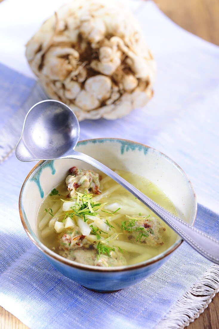 Cellery soup with bacon dumplings