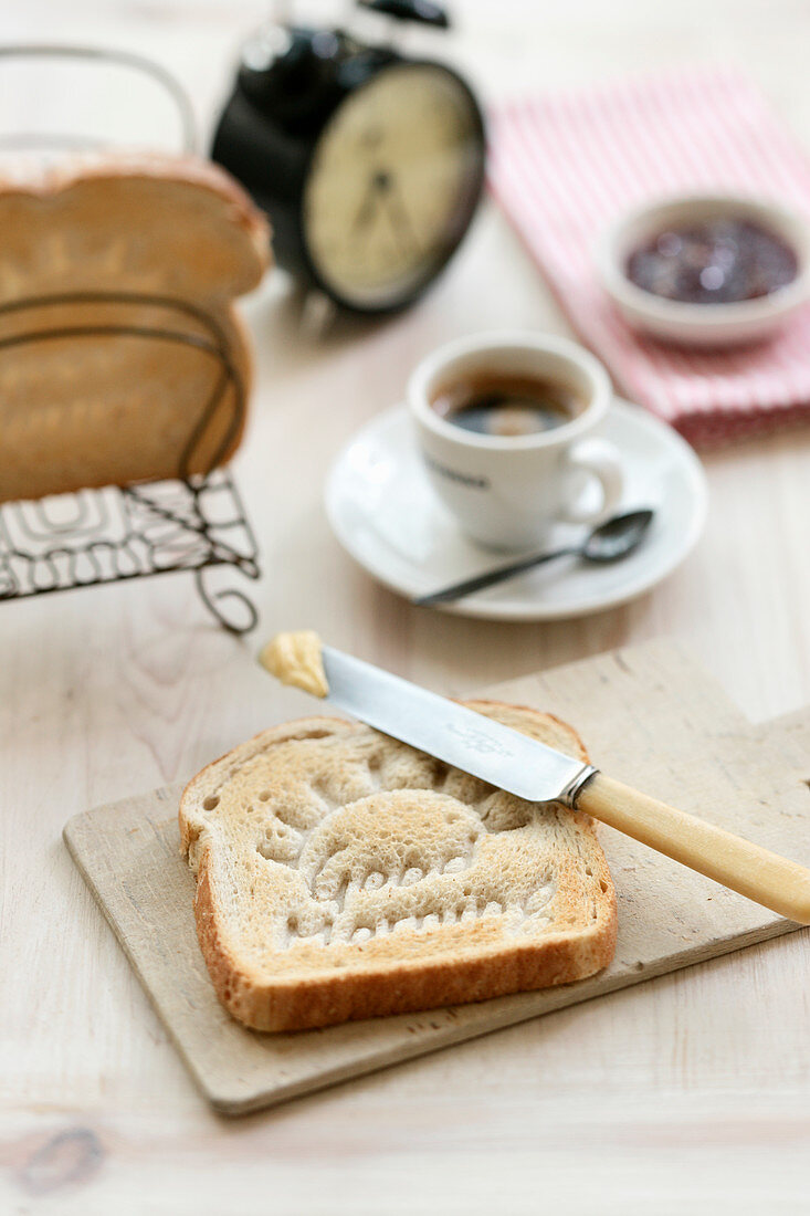 Breakfast toast embossed with the words Good Morning