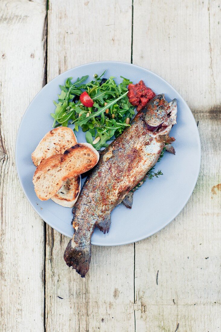 Steckerlfisch mit Röstbrot und Ruccolasalat auf Teller