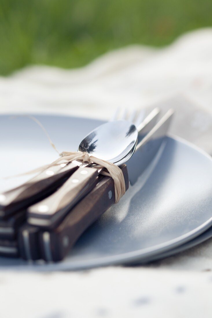 Cutlery tied together on a plate for a picnic