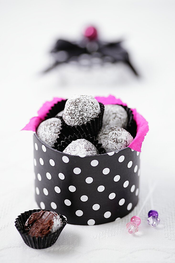 Chocolate truffles in a spotted box