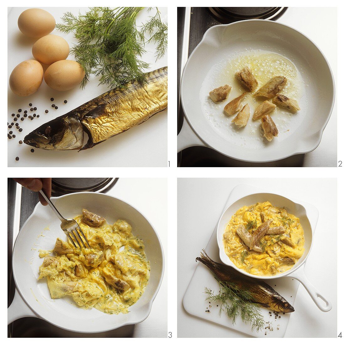 Making scrambled egg with smoked fish