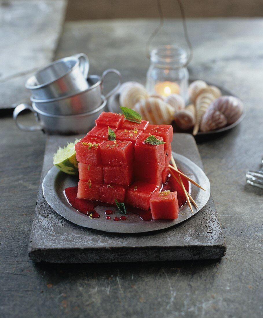 Cubed watermelon with grenadine