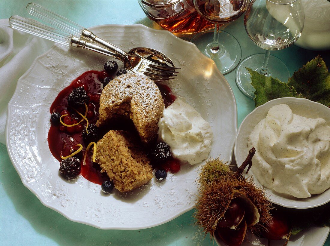 Chestnut pudding with berry puree