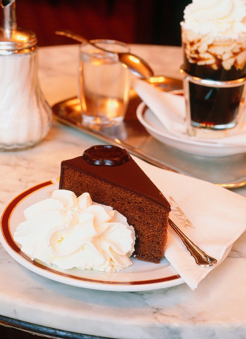 A piece of Sachertorte (chocolate cake)