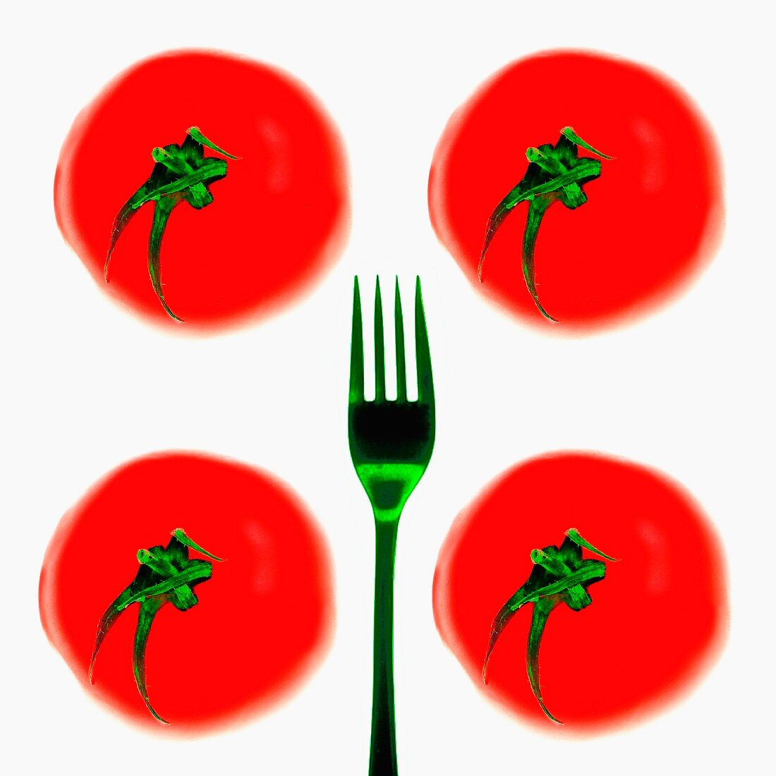 Four tomatoes and a green fork