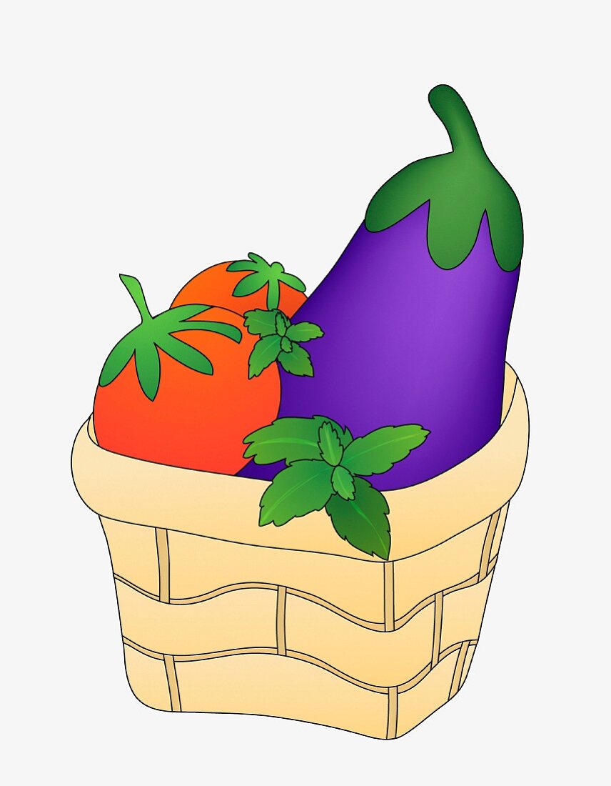 Tomate, Aubergine und Basilikum im Korb (Illustration)