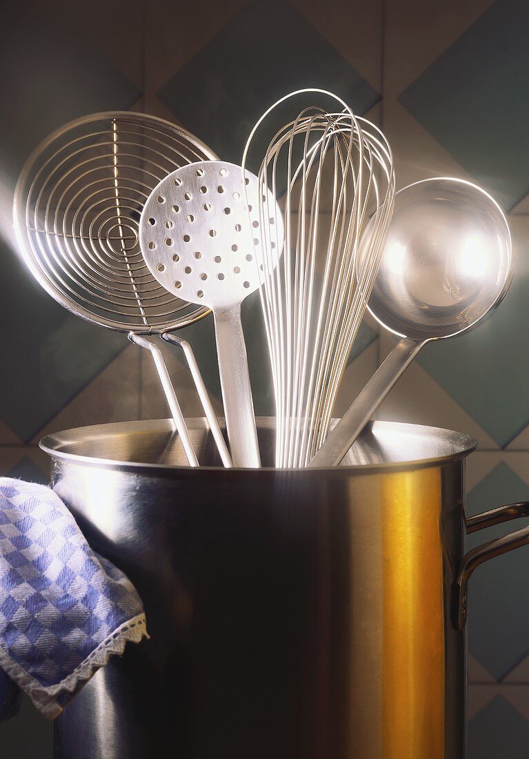 Several Utensils in a Stock Pot