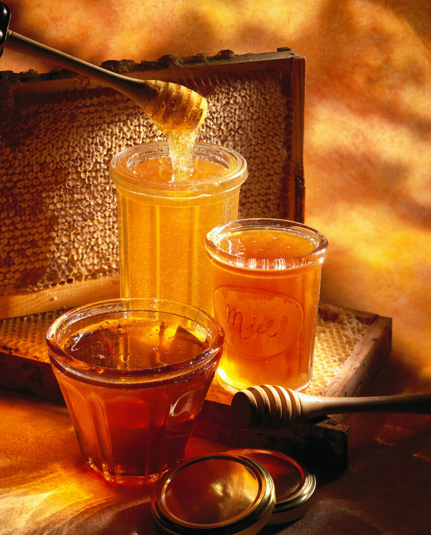 Verschiedene Honigsorten mit Honiglöffel in Gläsern