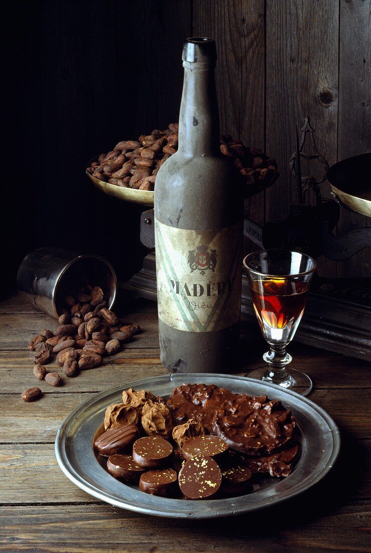 Chocolates with bottle of Madeira wine