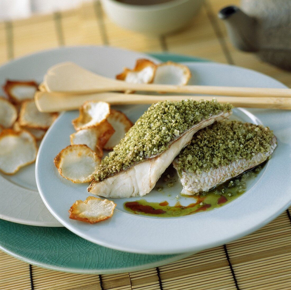 Porgy fillets with green tea crust and warm dressing