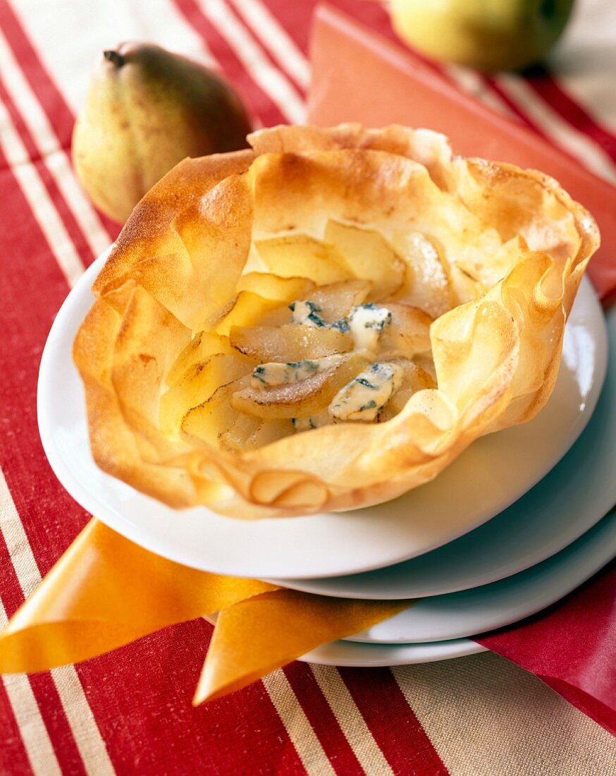 Pear and Fourme d'Ambert cheese in filo pastry
