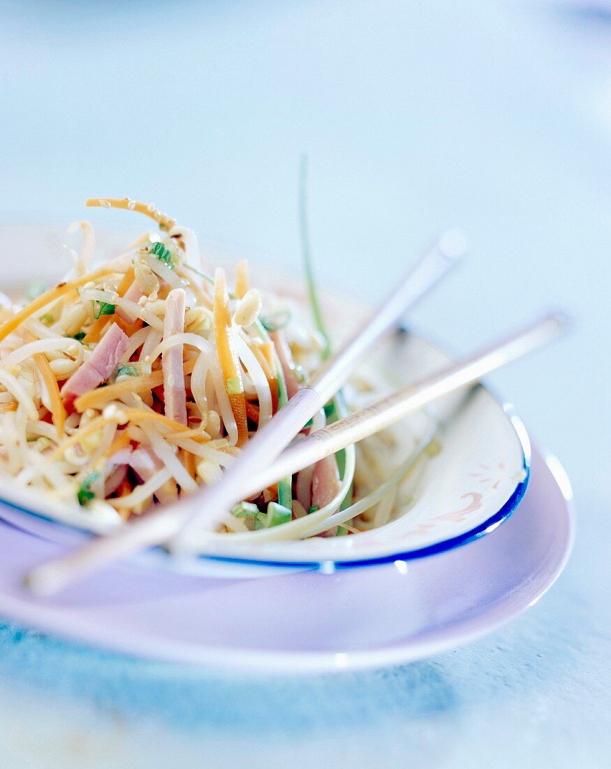 Sojasprossensalat mit Gemüse und Schinken