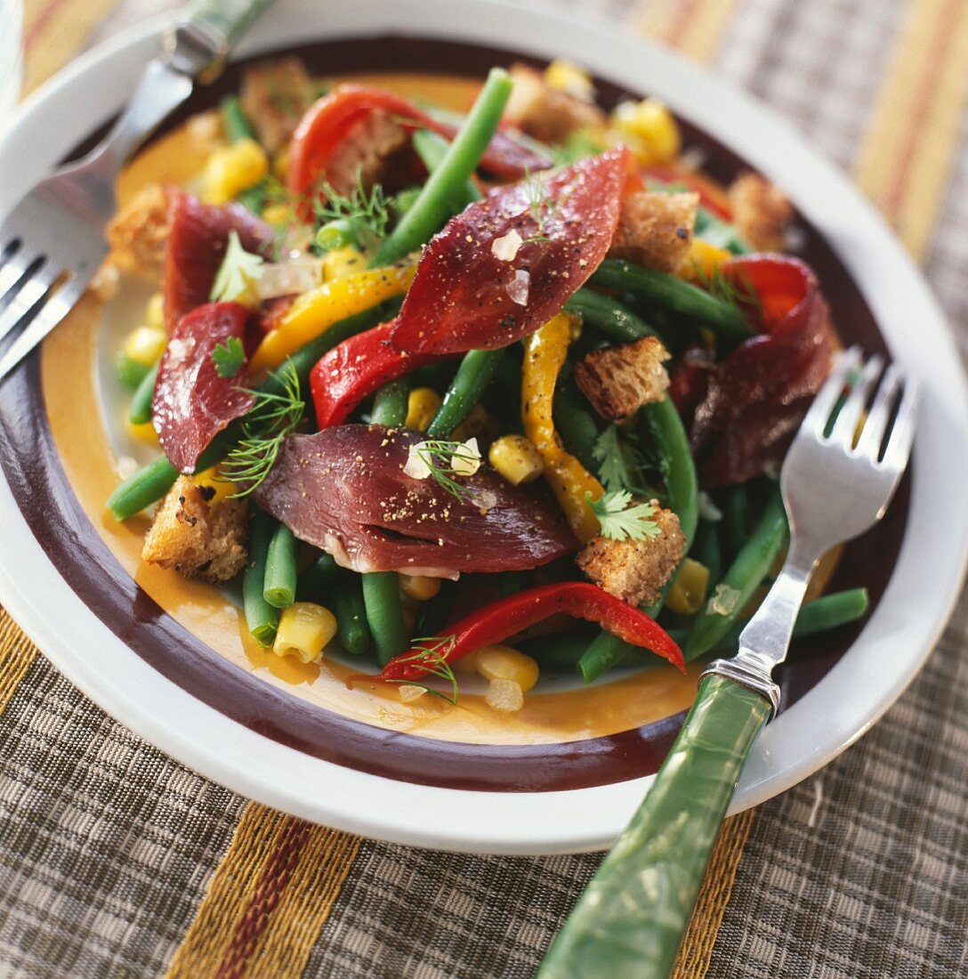 Smoked duck fillet,green bean and marinated pepper salad
