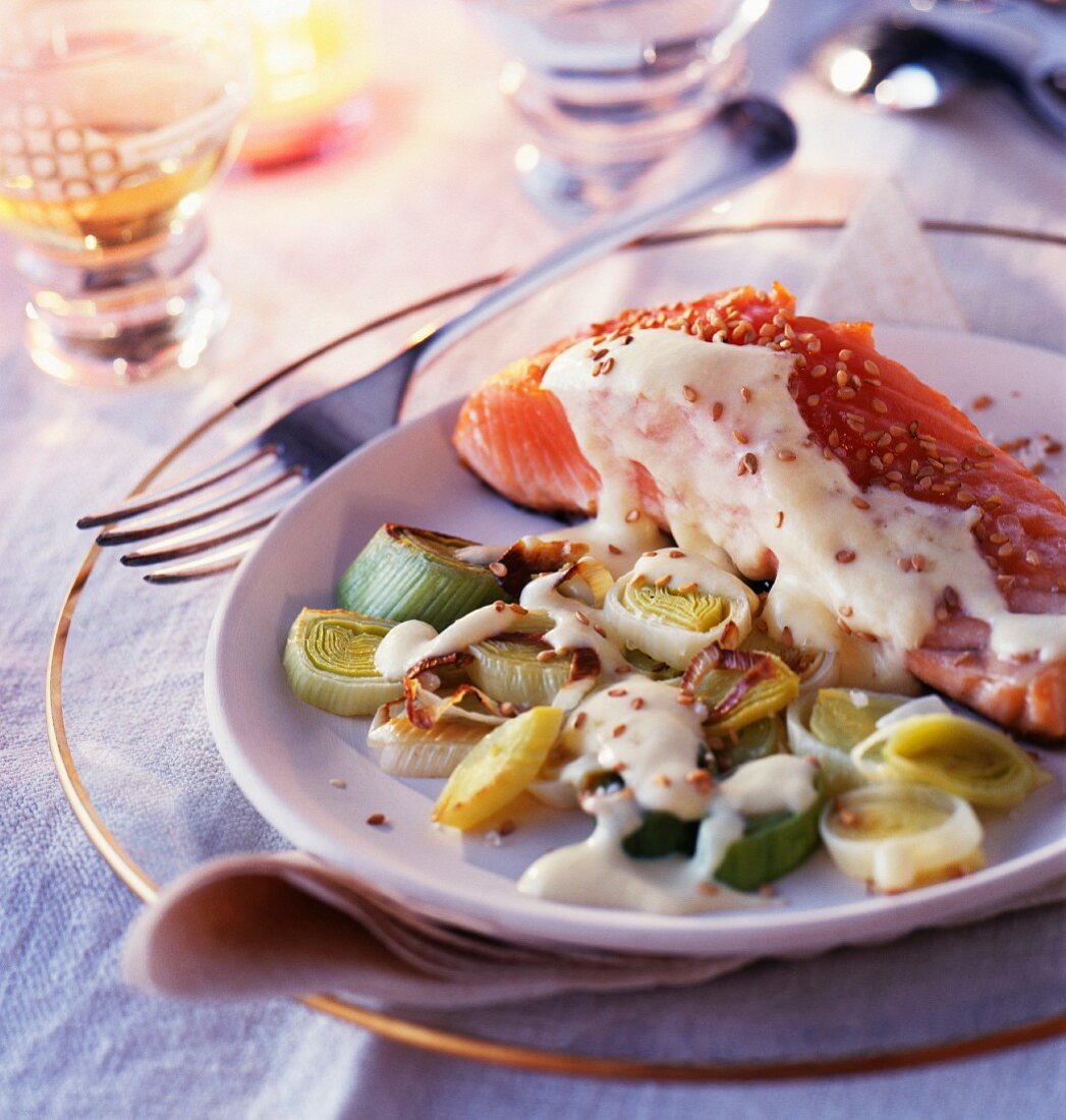 Salmon cooked on one side and leek fondue