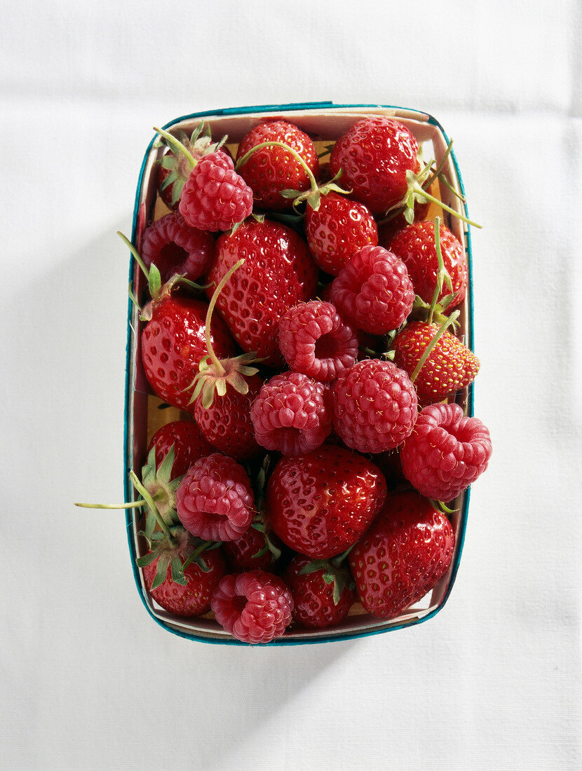 Eine Schale mit frisch gepflückten Himbeeren und Erdbeeren