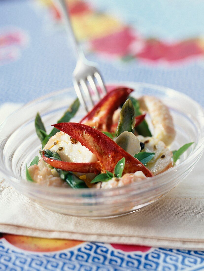 Fischsalat mit Hummer, Kaisergranat und Spargel