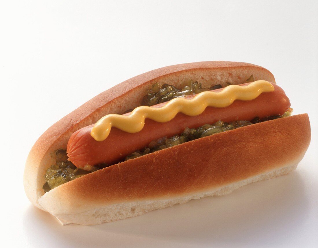 Hotdog in a Bun with mustard and relish