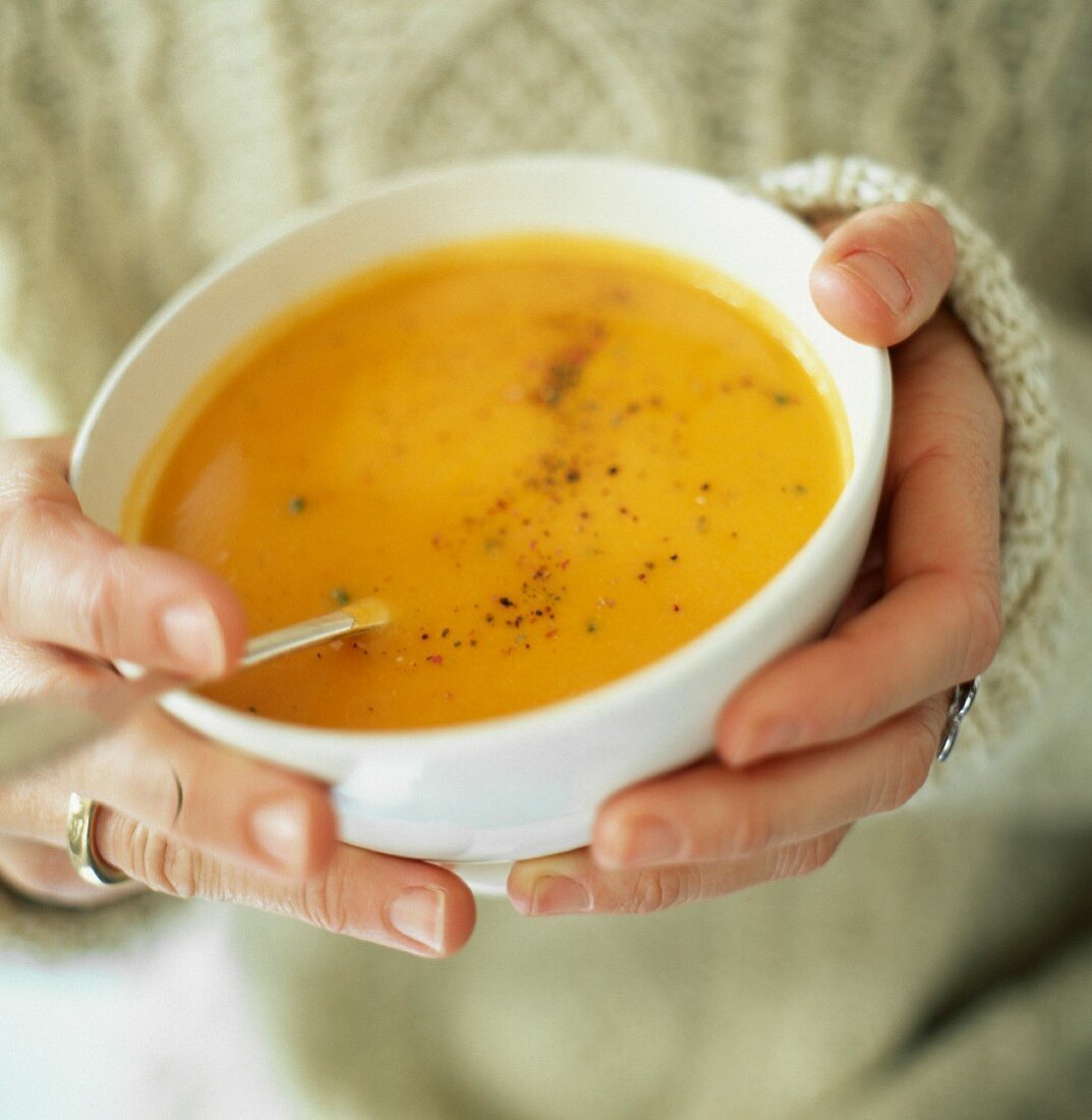 hands holding bowl of vegetable soup