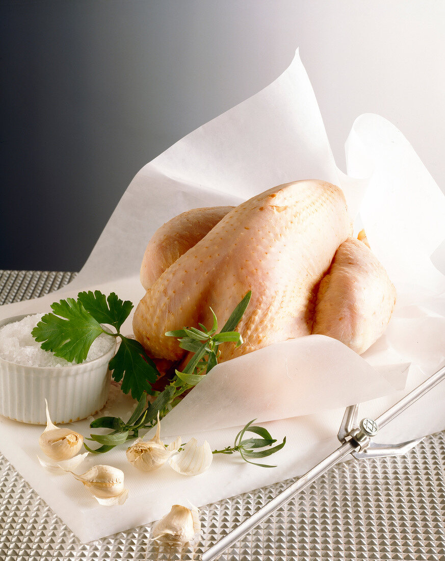 Rohes Hähnchen mit Knoblauch, Salz und Kräutern auf Papier