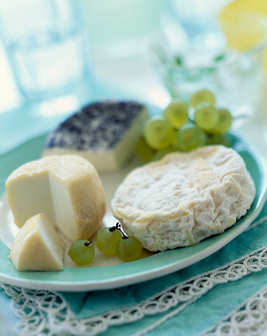 selection of cheeses with grapes