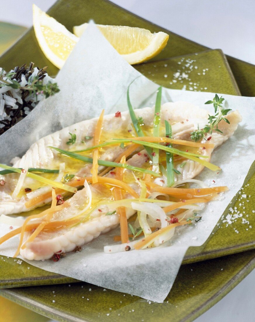 Sole and vegetables cooked in wax paper